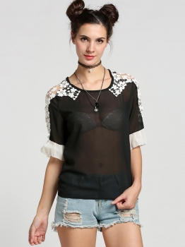 

Black Stylish Ladies Women Chiffon Short Sexy Bandage Loose Casual Lace Patchwork Blouse Tank Tops T-Shirts, Multicolor