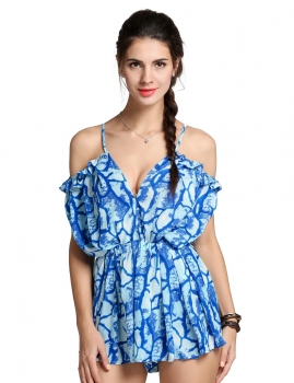 

Blue Chiffon Spaghetti Strap Backless High Waist Print Rompers, Multicolor