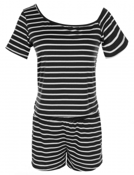 

Black New Stylish Lady Women's Fashion Short Sleeve Asymmetry Neck Sexy Striped Top and Shorts Set Jumpsuits & Rompers, Multicolor
