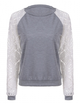

Gray Stylish Ladies Women Casual O-Neck Long Sleeve Hollow-Out Lace Decorated Blouse Hoodies & Sweatshirts, Multicolor