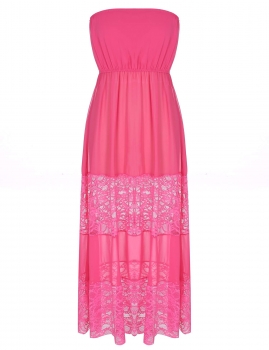 

Rose red Stylish Ladies Women Sexy Strapless High Waist Lace Patchwork Pleated Beach Maxi Party Casual Dresses, Multicolor