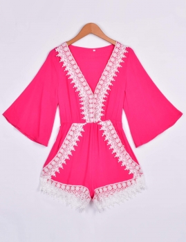 

Rose red V-Neck Applique 3"4 Sleeve Sexy Romper, Multicolor