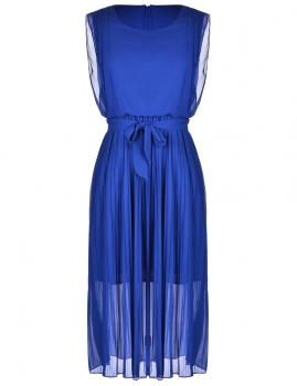 

Blue Women Fashion Slim Chiffon Round Neck Sleeveless Elastic High Waist Pleated Solid Long Casual Wedding & Bridesmaid Dresses, Multicolor