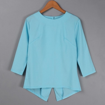 

Light blue New Lady Women's 3"4 Sleeve Round Neck Back Button Asymmetric Hem Chiffon Shirts & Blouses, Multicolor