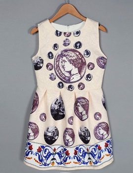 

Fashion European and American Style Women Round Neck Sleeveless Print Pleated Short Mini Tank Dress, Multicolor