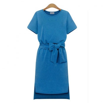 

Blue Fashion Lady Women Short Sleeve Asymmetric Hem Pure Color OL Slim with Belt Casual Dresses, Multicolor