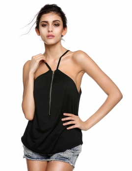 

Black New Women Fashion Spaghetti Strap Sexy V-Neck Casual Solid Front Zipper Tops Vests Tanks & Camis, Multicolor
