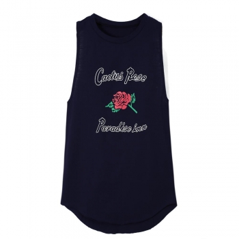 

Navy blue Women Sexy Casual Round Neck Sleeveless Flower Letter Print Irregular Hem Tops Vests Tanks & Camis, Multicolor