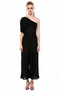 

Black One Shoulder Solid Casual Long Jumpsuit, Multicolor