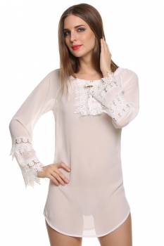

White New Stylish Ladies Women Sexy Long Sleeve Lace Backless Tops Shirts & Blouses Tunics, Multicolor