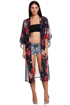 

Black Stylish Ladies Women Elegant 3"4 Wide Sleeve Ultralong Fashion Chiffon Floral Cardigan Shirts Blouses Coats Jackets Suits & Blazers, Multicolor