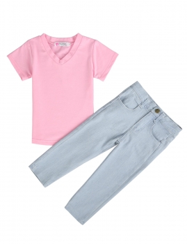 

Spring Autumn Kids Girl's Short Sleeve V-neck Solid T-shirt and Long Jeans Pant Set, Multicolor