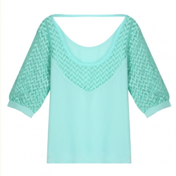 

Green Stylish Women Fashion Lace Chiffon Patchwork Medium Sleeve Blouse Tank Casual Tops, Multicolor