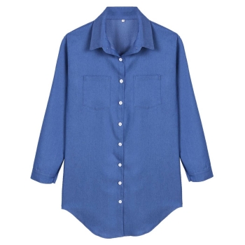 

Blue Loose Casual Long Sleeve Single Breasted Shirts, Multicolor