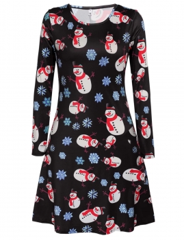 

Black Stylish Ladies Women Xmas A-line Swing O-neck Long Sleeve Casual Dresses, Multicolor