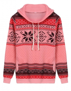 

Pink Christmas Long Sleeve Snowflake Print Fleece Pullover Hoodie, Multicolor