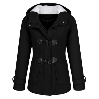 

Black Casual Thick Slim Hooded Zipper Horn Buttons Coat, Multicolor