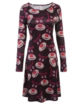 

Black Women Xmas Santa Party Swing Flared Christmas Long Sleeve Animal Print Casual Dresses, Multicolor