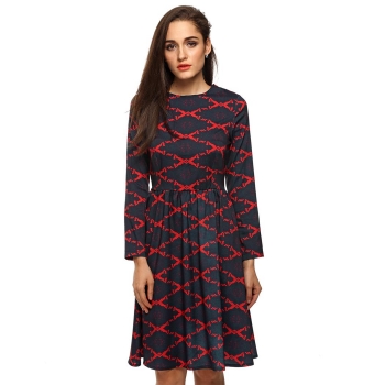 

Red Women Fashion Round Neck Long Sleeve High Waist Print A-Line Midi Casual Dresses, Multicolor