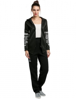 

Black Hooded Letters Print Zipper Pocket Irregular Pullover Hoodie, Multicolor