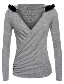 

Gray Sexy Fashion Women's Faux Fur V-Neck Hooded Long Sleeve Ruched Slim Shirts & Blouses Casual Tops, Multicolor