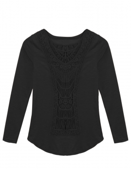 

Black Long Sleeve Lace Patchwork Crew Neck Slim Casual Tops, Multicolor