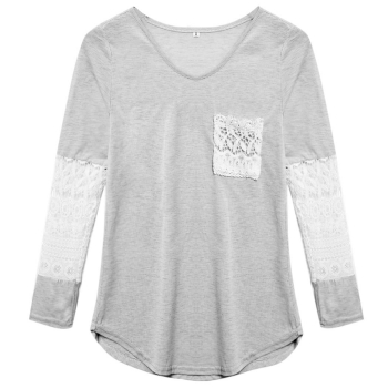 

Gray Lace Patchwork Pocket Long Sleeve T-Shirt, Multicolor