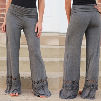 

Gray New Women Casual Loose Yoga Sport Wide Leg Long Lace Splicing Pants, Multicolor