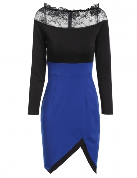 

Blue New sexy Women Slash Neck Lace Patchwork Side split Club Bodycon Irregular Mini Party Dresses, Multicolor