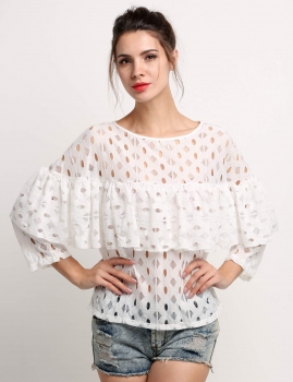 

White New Fashion Women Ladies Lace Hollow Out Ruffles Decor Loose Blouse Tank Casual Tops, Multicolor