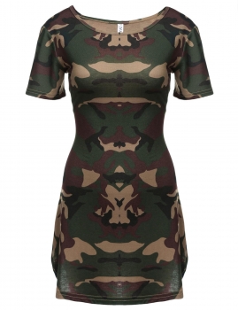 

Army green Women O-neck Camouflage Print Bodycon Casual Dress, Multicolor
