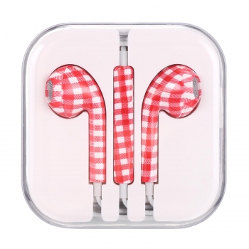 

Red And White Plaid Color Printing Pattern Wire With Wheat In-Ear Earphones, Colorful