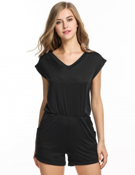 

Black V-Neck Short Sleeve Solid Loose Pocket Romper, Multicolor