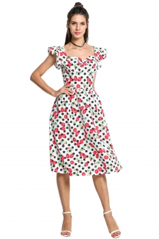 

White Vintage Style Women Ruffle Sleeve Dots Cherry Print Midi Work Dresses, Multicolor