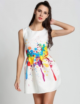 

White O-Neck Print Slim Sundress Sleeveless A-Line Casual Dress, Multicolor