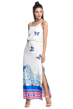 

Summer Women Spaghetti Strap Side Slit Print Long Maxi Dress, Multicolor