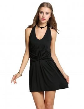 

Black Women Halter Deep V-Neck Backless Draped Solid Mini Going Out Dresses, Multicolor