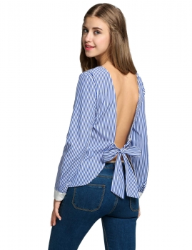 

Blue Women O-Neck Long Sleeve Striped Backless Lace Up Top Shirts & Blouses, Multicolor