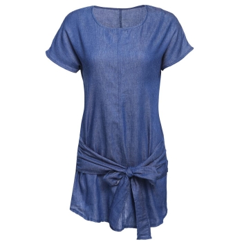 

Light blue Women Fashion Batwing Short Sleeve Solid Denim Style A-Line Tie Waist Casual Dresses, Multicolor