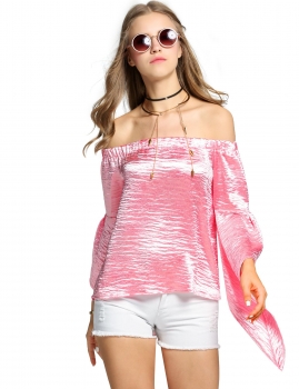 

Pink Women Slash Neck Off the Shoulder Asymmetrical Flare Sleeve Solid Shirts & Blouses Tank Casual Tops, Multicolor