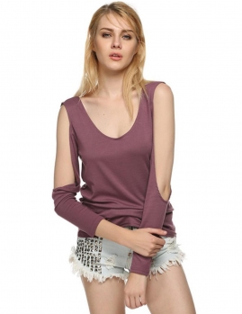

Purple Women Off the Shoulder Long Sleeve Cross Strap Backless Blouse Tank T-Shirts Casual Tops, Multicolor