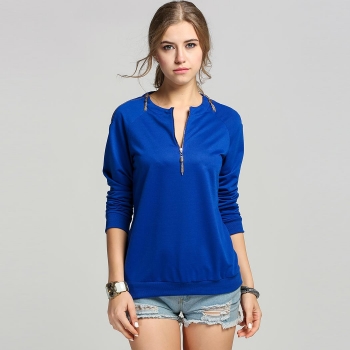 

Blue Round Neck Long Sleeve Solid Zip-up Placket Pullover Sweatshirts, Multicolor