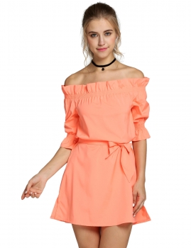 

Orange Women Ruffles Slash Neck Off the Shoulder Mini Casual Dresses, Multicolor