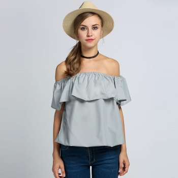 

Gray New Fashion Women Sexy Off the Shoulder Slash Neck Casual Loose Solid Top Shirts & Blouses, Multicolor