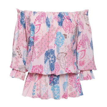 

New Fashion Women Off-shoulder 3"4 Sleeve Tops Strapless Print Elastic Waist Slim Casual Chiffon Blouse, Multicolor