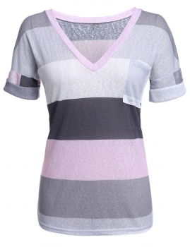 

Gray V-Neck Tops Blouse Colorful Striped Loose T-Shirt, Multicolor