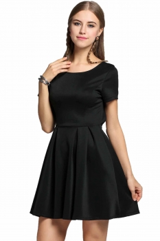 

Sexy Women Short Sleeve Backless Solid Cocktail Pleated Skater Dress, Multicolor