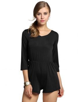 

Black 3"4 Sleeve Jumpsuit V-Neck Backless Elastic Waist Solid Slim Romper, Multicolor