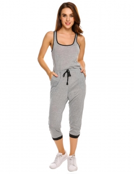 

Gray Sleeveless Calf-length Drawstring Waist Leisure Loose Jumpsuit, Multicolor