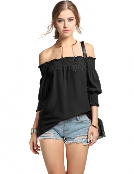 

Black Off the Shoulder Slash Neck 3"4 Sleeve Solid Loose Long Tops, Multicolor